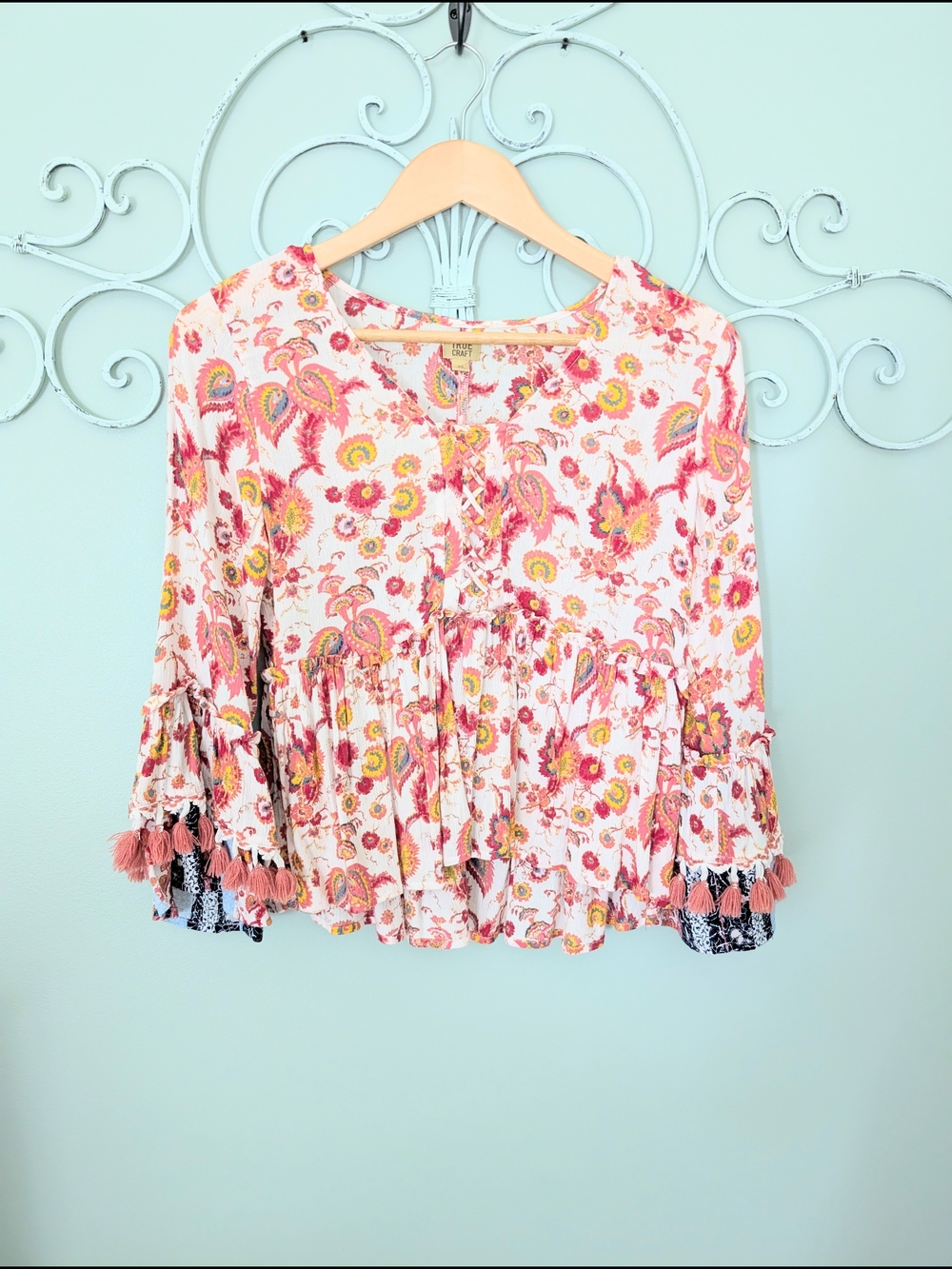 Boho Floral Tassel Peasant Top - Pink Multi